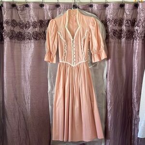 Gunne Sax Peach color Midi Dress with faux pearl accents and Bishop Sleeves
